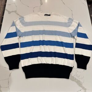 Nautica White Shades Of Blue Striped Crew Neck Sweater Mens L Preppy Golf Casual